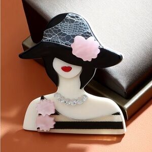 Elegant Black and Pink Woman Brooch